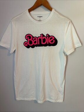 Goodfellow & Co White Tee with Pink and Black Barbie Logo Very Soft